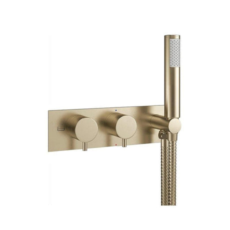 Crosswater Concealed Shower Valve Brushed Brass Crosswater MPRO 2 Outlet, 2 Handle Horizontal Concealed Thermostatic Shower Valve with Handset