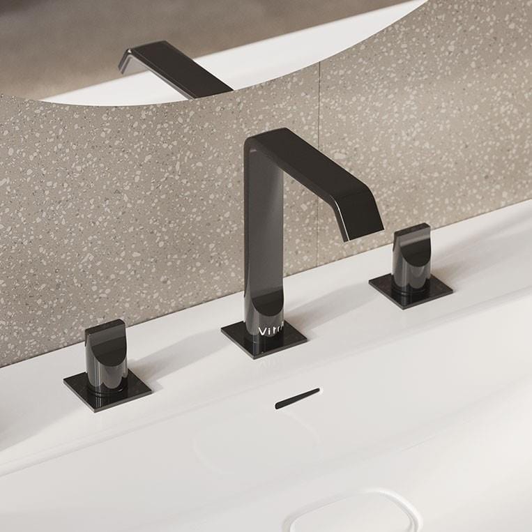 VitrA 3 Tap Hole Basin Set Gloss Black VitrA Suit 3-Hole Deck Mounted Basin Mixer Tap with Panel Valve Handles