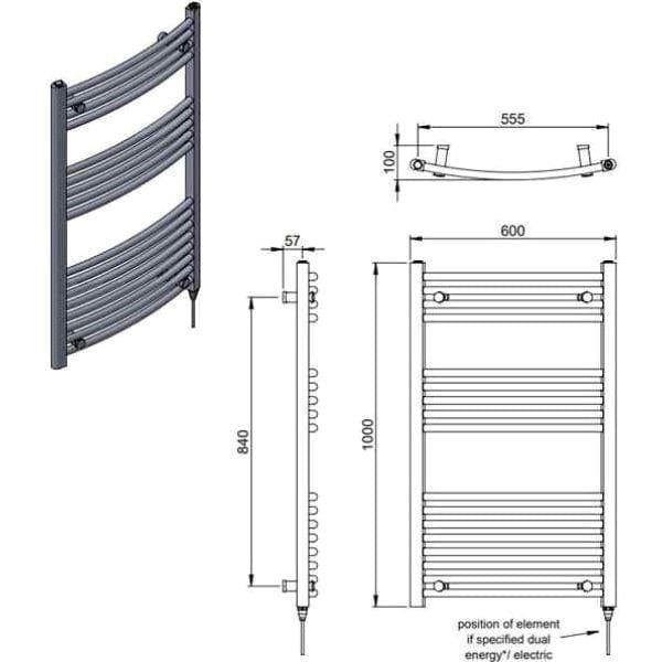 Vogue 1000 x 600 / Electric Only Vogue Combes Curved Ladder Towel Rail in Chrome