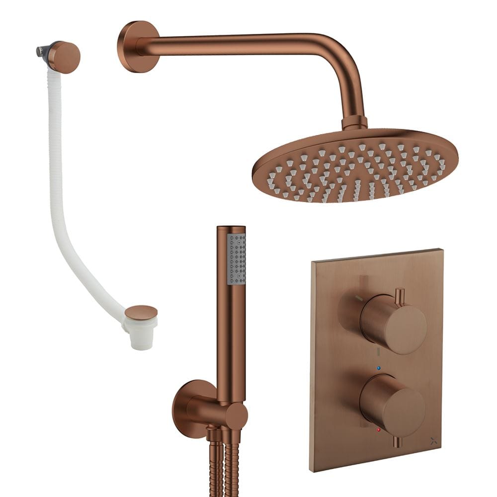 UK Bathroom Store Concealed Shower Set Brushed Bronze / Wall Arm / 200mm Crosswater Crossbox Shower Set 9 - 3 Outlet with Fixed Overhead Shower,Pencil Handset and Overflow Bath Filler Waste