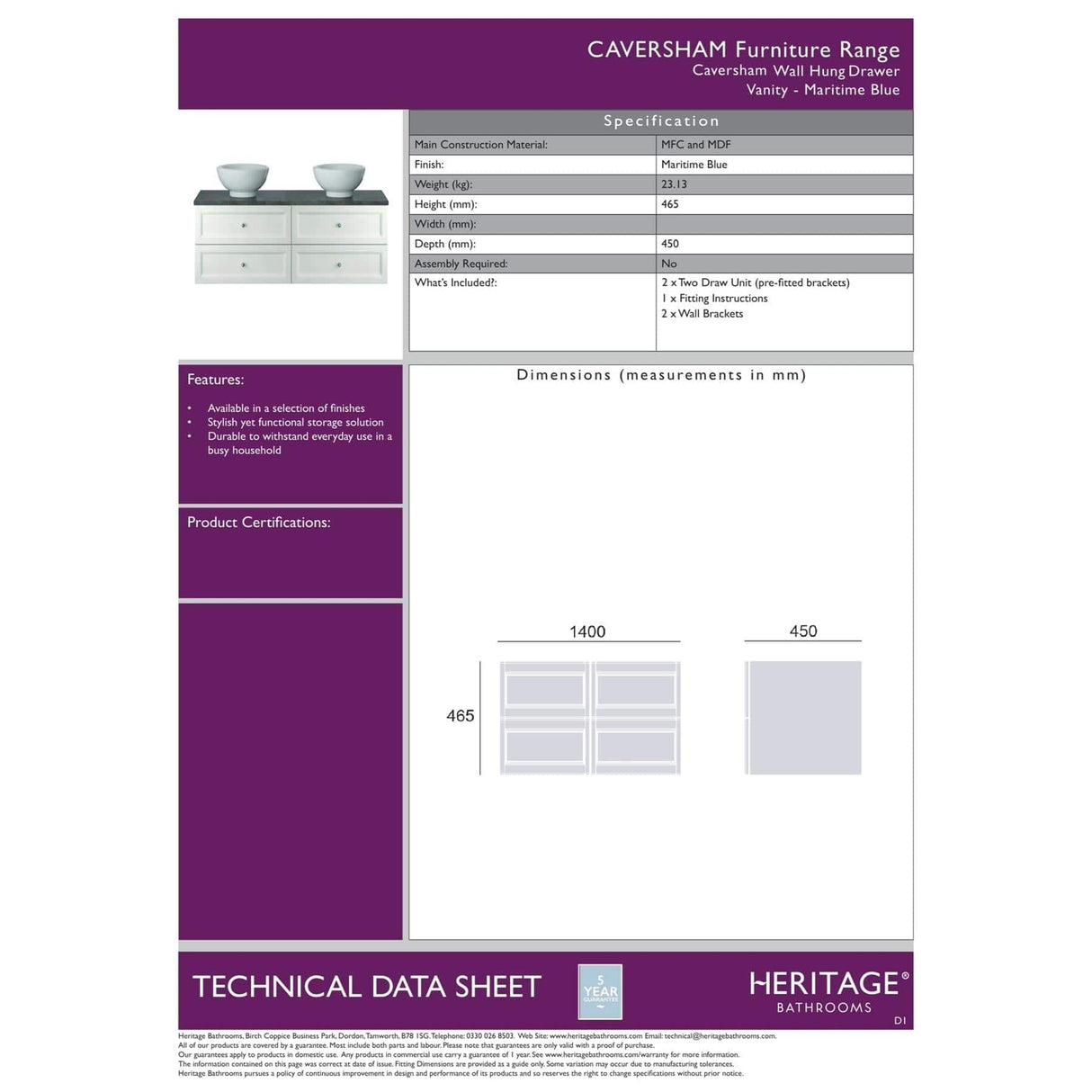 Heritage Wall Mounted Vanity Unit Maritime Blue / Two Drawer Heritage Caversham Wall Mounted Vanity Unit with Worktop - 1400mm