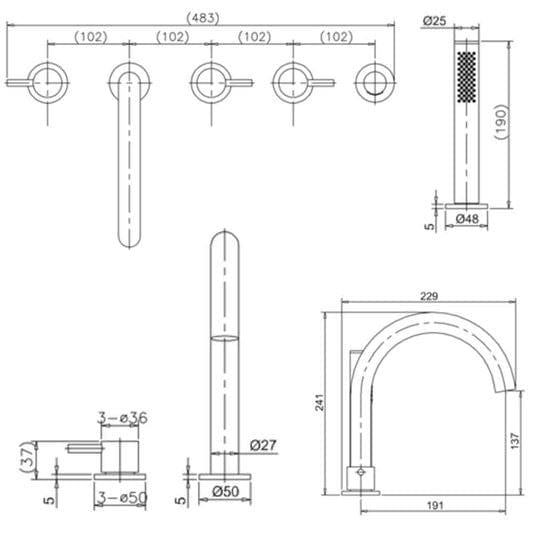 Crosswater 5 Tap Hole Bath Set Crosswater MPRO 5 Hole Bath and Shower Mixer with Shower Set in Chrome