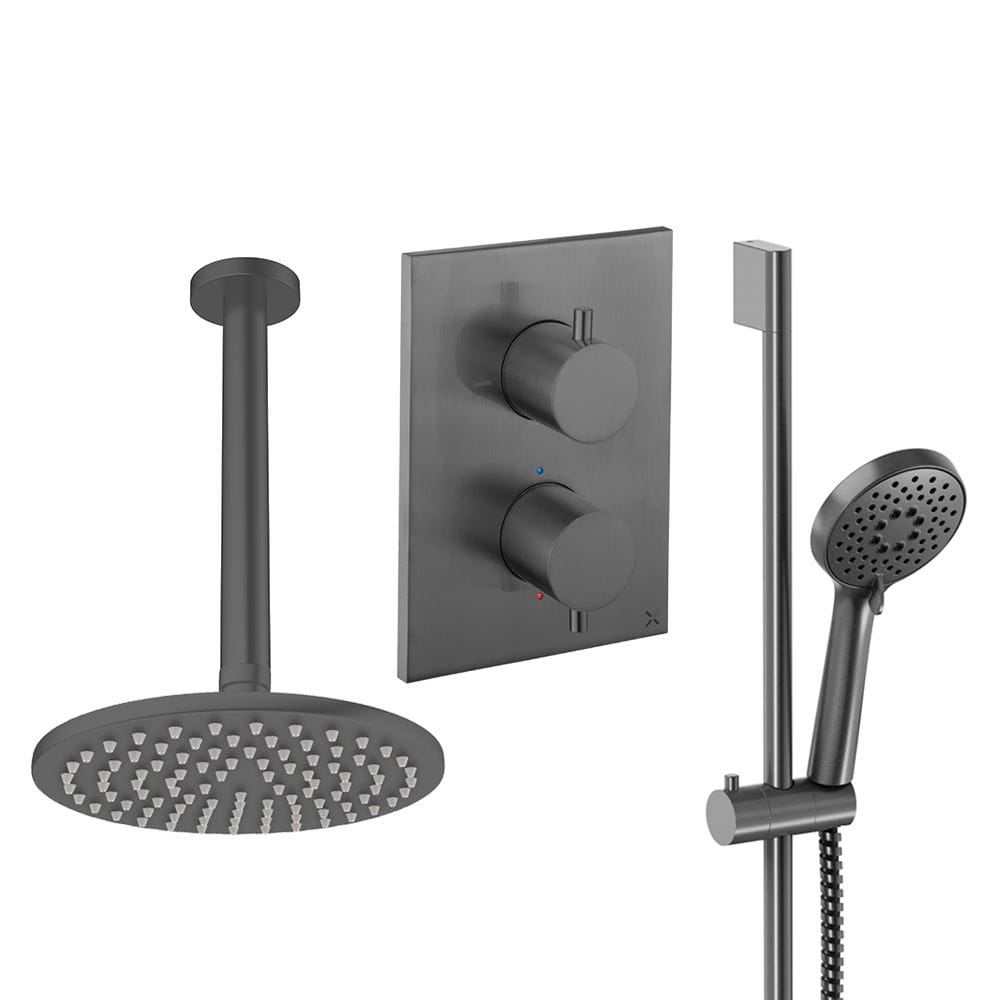 UK Bathroom Store Concealed Shower Set Slate / Ceiling Arm / 200mm Crosswater Crossbox Shower Set 4 - 2 Outlet with Riser Rail Kit and Fixed Overhead Showerhead