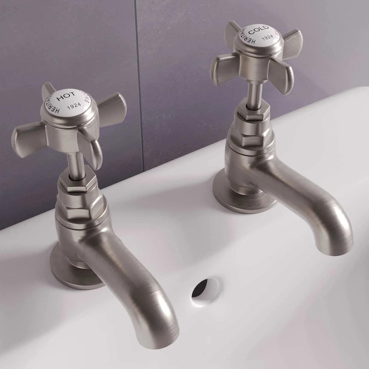 Heritage Pillar Basin Tap Brushed Nickel Heritage Dawlish Short Nose Basin Pillar Taps (Pair)