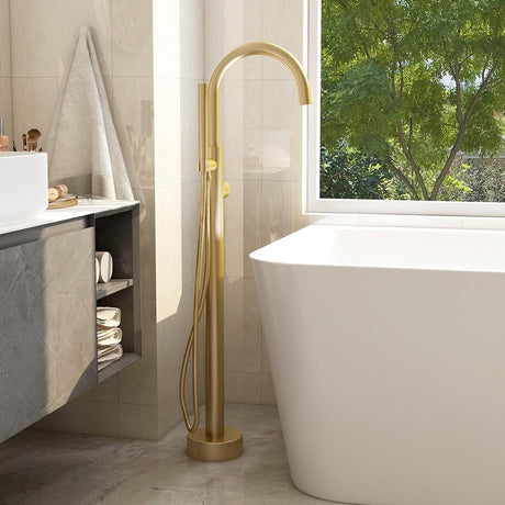 Imex Freestanding Bath Filler Brushed Brass Imex Ravine Floor Standing Bath Shower Mixer with Hose and Handset