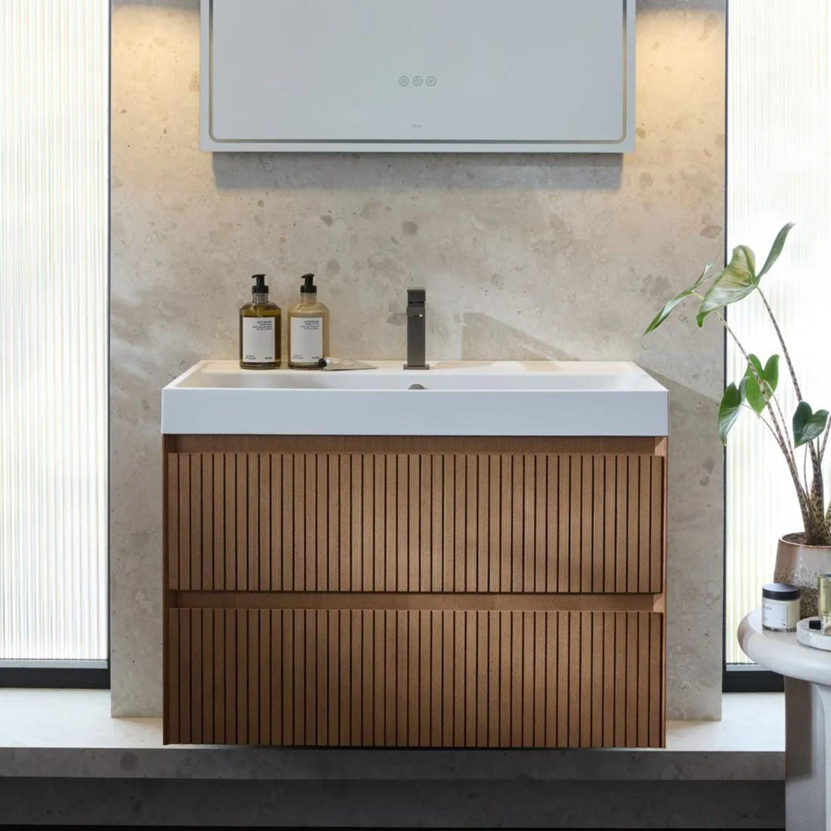 Vado Wall Mounted Vanity Unit Classic Oak / 800mm Vado Groove Fluted Wall Mounted Two Drawer Vanity Unit with Basin