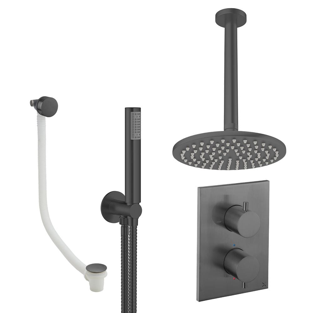 UK Bathroom Store Concealed Shower Set Slate / Ceiling Arm / 200mm Crosswater Crossbox Shower Set 9 - 3 Outlet with Fixed Overhead Shower,Pencil Handset and Overflow Bath Filler Waste