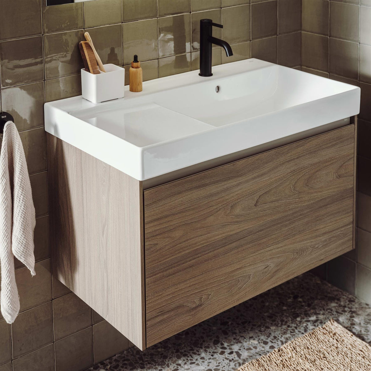 Roca Wall Mounted Vanity Unit Dark Elm / Right Hand Roca Ona 800mm Wall Mounted One Drawer Vanity Unit with Basin
