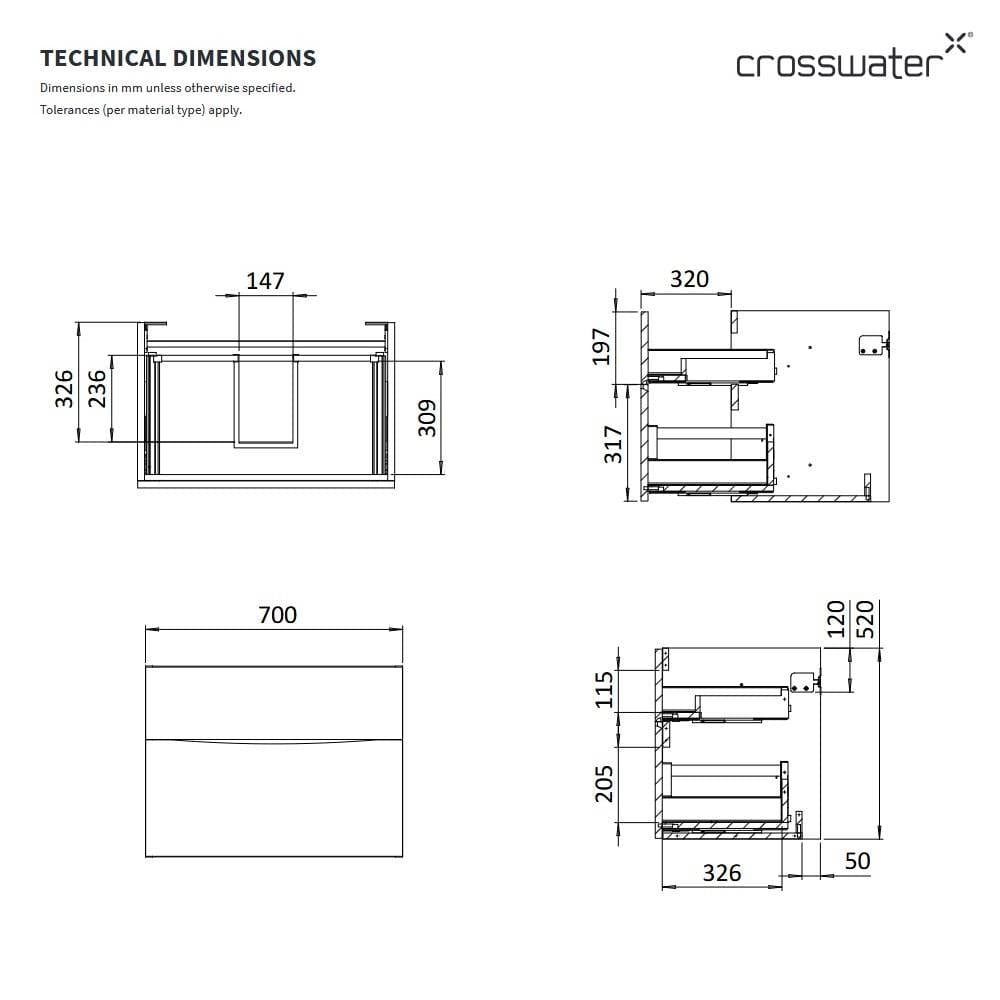 Crosswater Wall Mounted Vanity Unit Crosswater Glide II 2 Drawer Vanity Unit with Worktop