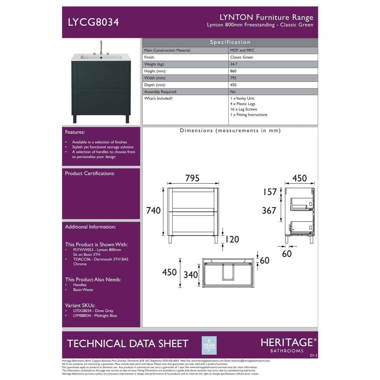 Heritage Floor Standing Vanity Unit Heritage Lynton 800mm Floor Standing Unit with Basin