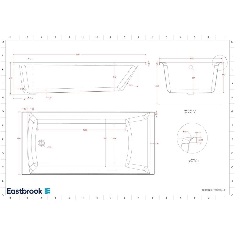 Eastbrook Single Ended Bath 1900 x 900mm / 5mm Eastbrook Rockall Single Ended Bath