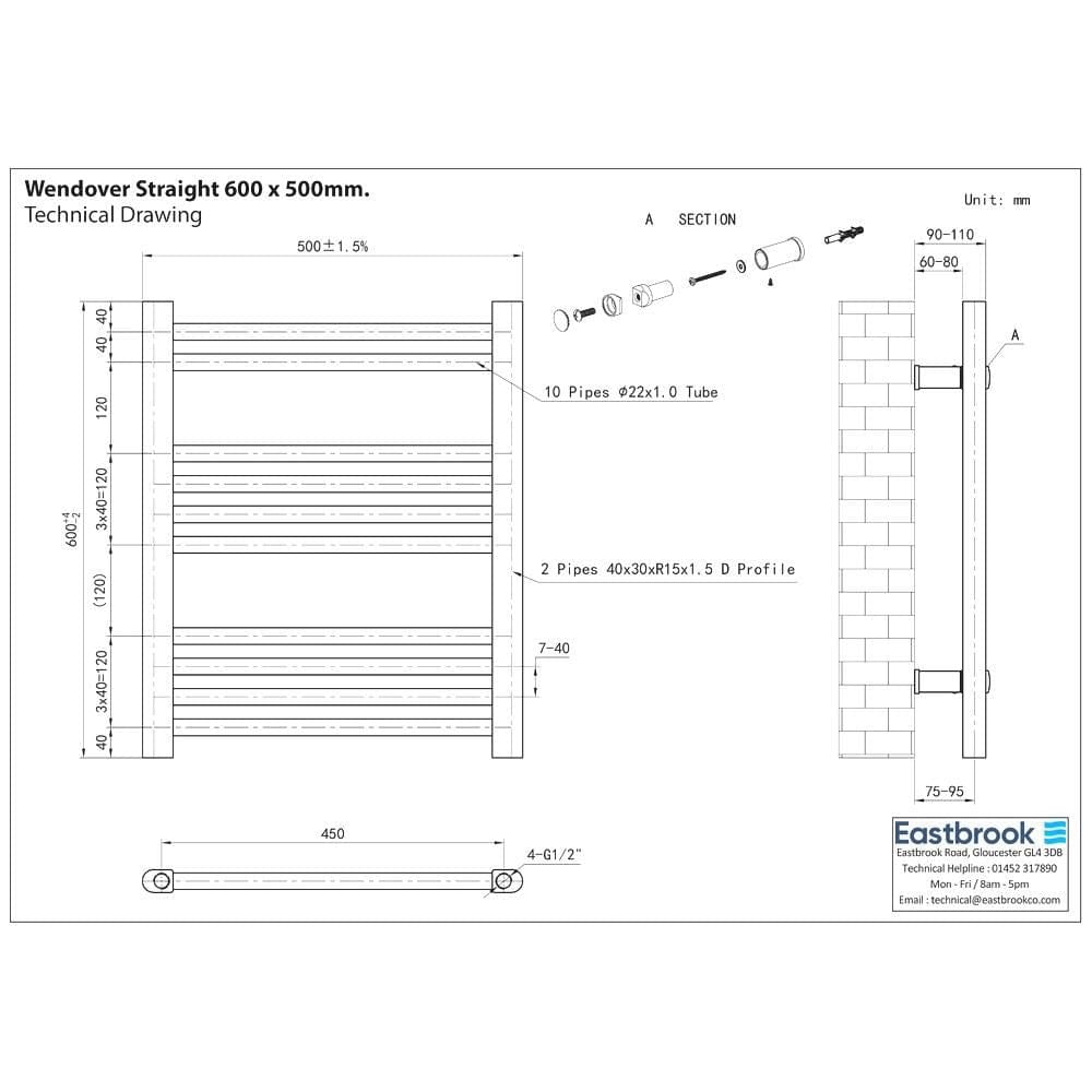 Eastbrook Ladder Rails Eastbrook Wendover Straight Heated Towel Rail in Anthracite