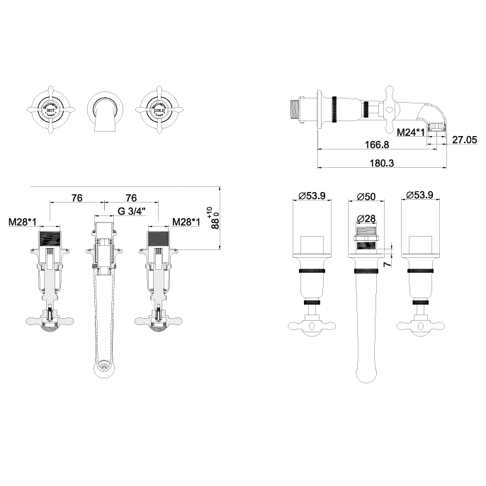 Burlington Guild 3 Hole Wall Mounted Bath Filler Tap