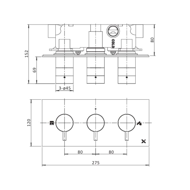 Crosswater Concealed Shower Valve Crosswater MPRO 2 Outlet, 3 Handle Horizontal Concealed Thermostatic Shower Valve
