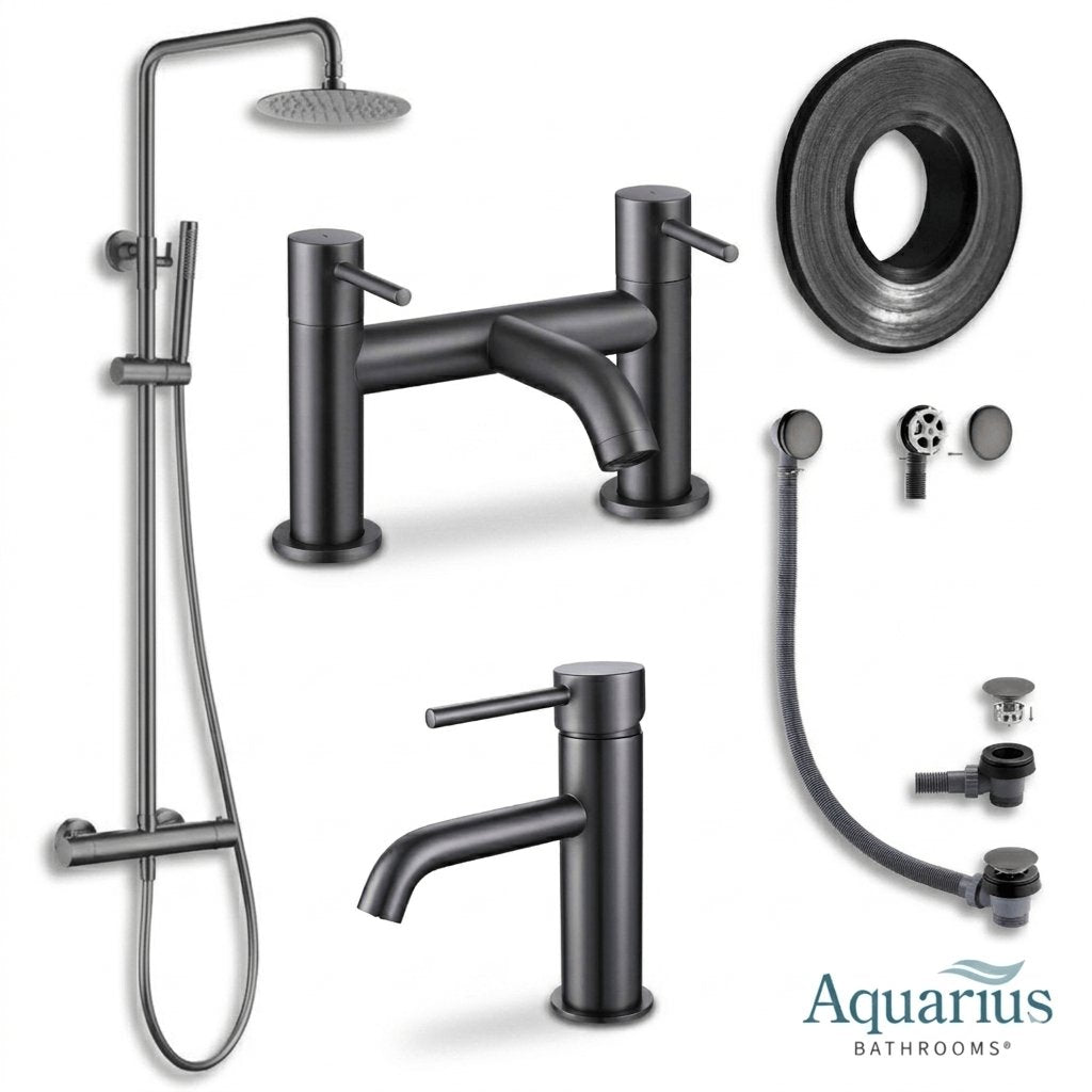 Aquarius Bathrooms Exposed Shower Set Gun Metal Grey Aquarius RF-Series Complete Shower Brassware Pack with Basin Mixer, Bath Mixer & Exposed Shower