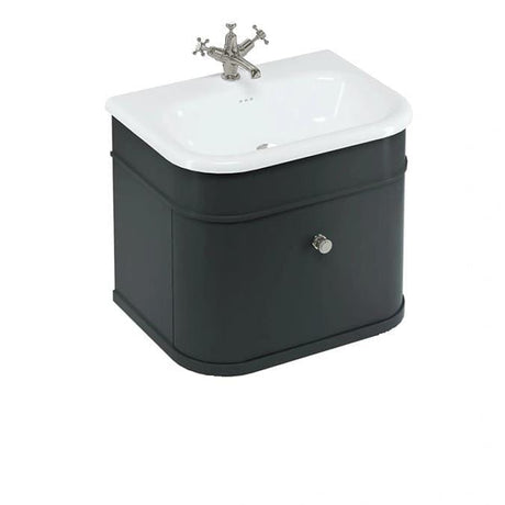 Burlington Wall Mounted Vanity Unit Matt Black / Natural Stone Roll Top Basin - 1 Tap Hole / Brushed Nickel Burlington Chalfont 650mm Wall Mounted Single Drawer Vanity Unit with Basin