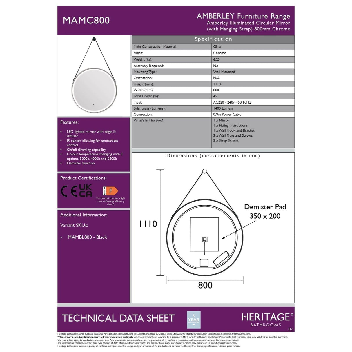 Heritage Illuminated Mirror Heritage Amberley illuminated Circular Mirror with Demister and Hanging Strap
