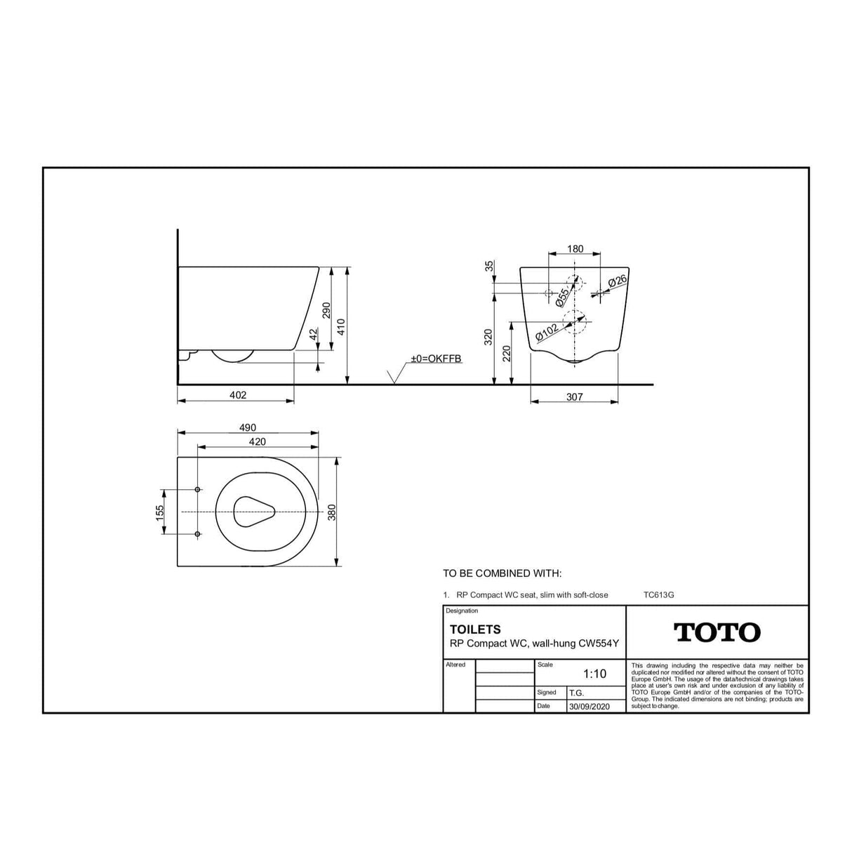 TOTO Wall Hung Toilet TOTO RP Compact Wall Hung Rimless Toilet with Tornado Flush and Soft Close Seat