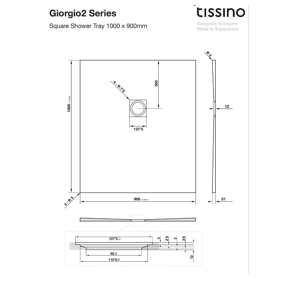 Tissino Rectangle Shower Tray 1000 x 900mm Tissino Giorgio2 Rectangle Shower Tray in Graphite Slate