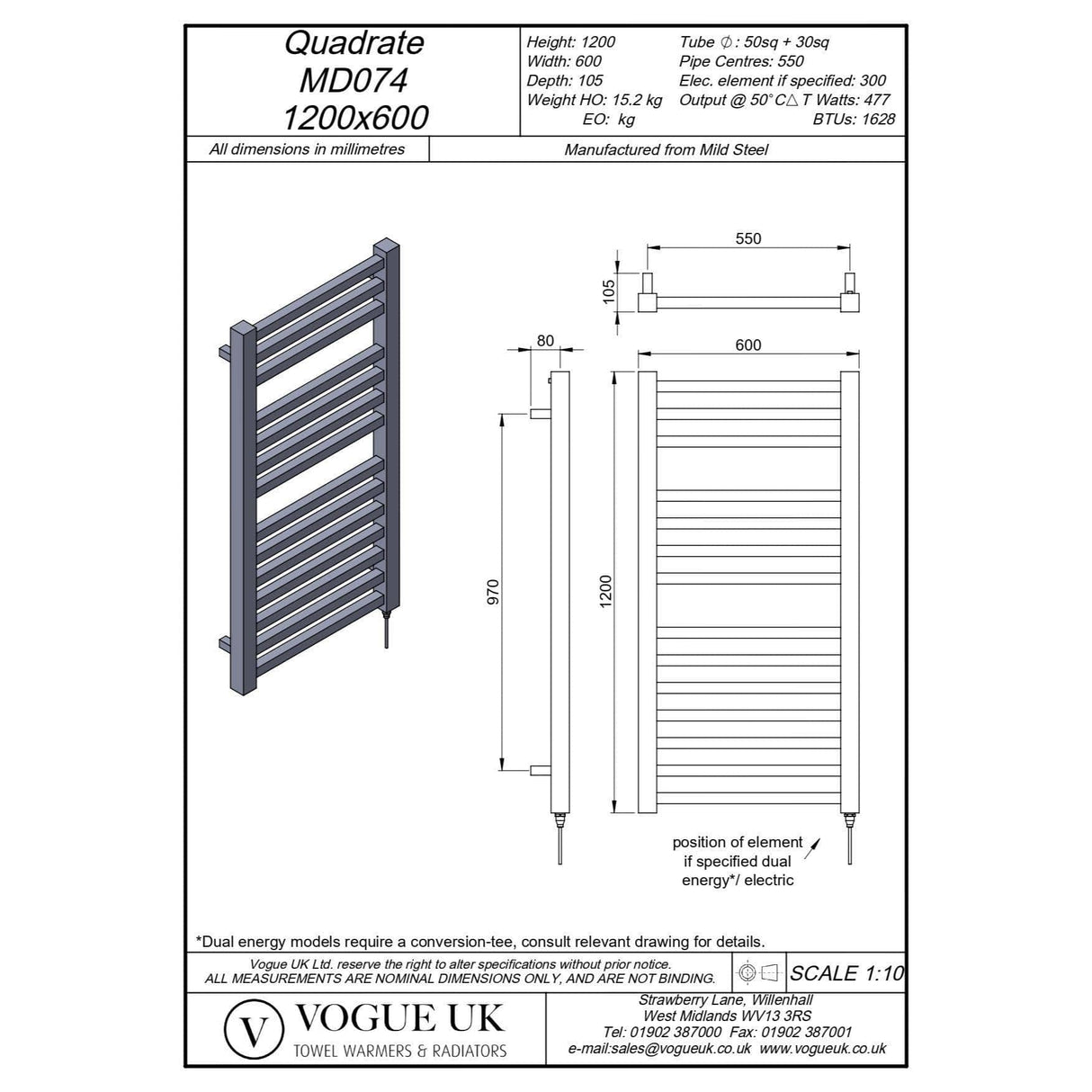 Vogue Designer Towel Radiator 1200 x 600 / Electric Only Vogue Quadrate Straight Designer Towel Radiator in Chrome