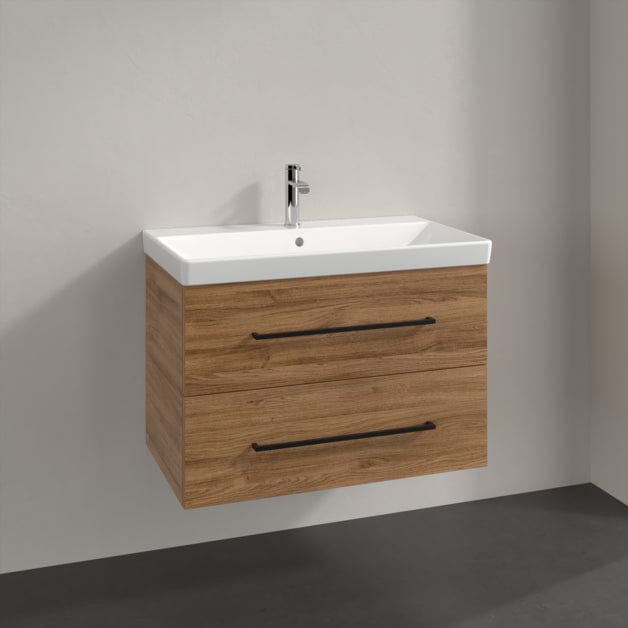 Villeroy & Boch Wall Mounted Vanity Unit Oak Kansas with Black Handles Villeroy & Boch Avento Wall Hung Vanity Unit 780mm Two Drawers with Basin