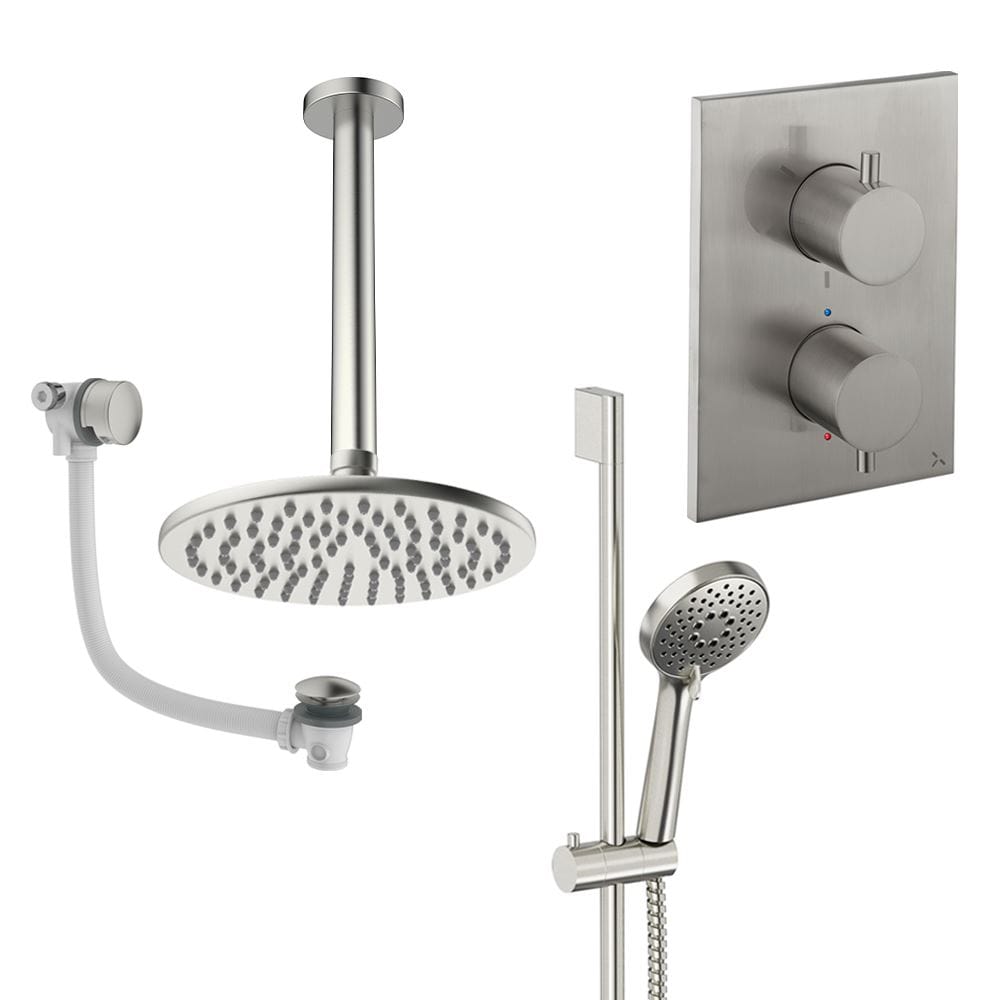 UK Bathroom Store Concealed Shower Set Brushed Brass / Ceiling Arm / 200mm Crosswater Crossbox Shower Set 10 - 3 Outlet with Fixed Overhead Shower, Slide Rail Kit and Overflow Bath Filler Waste