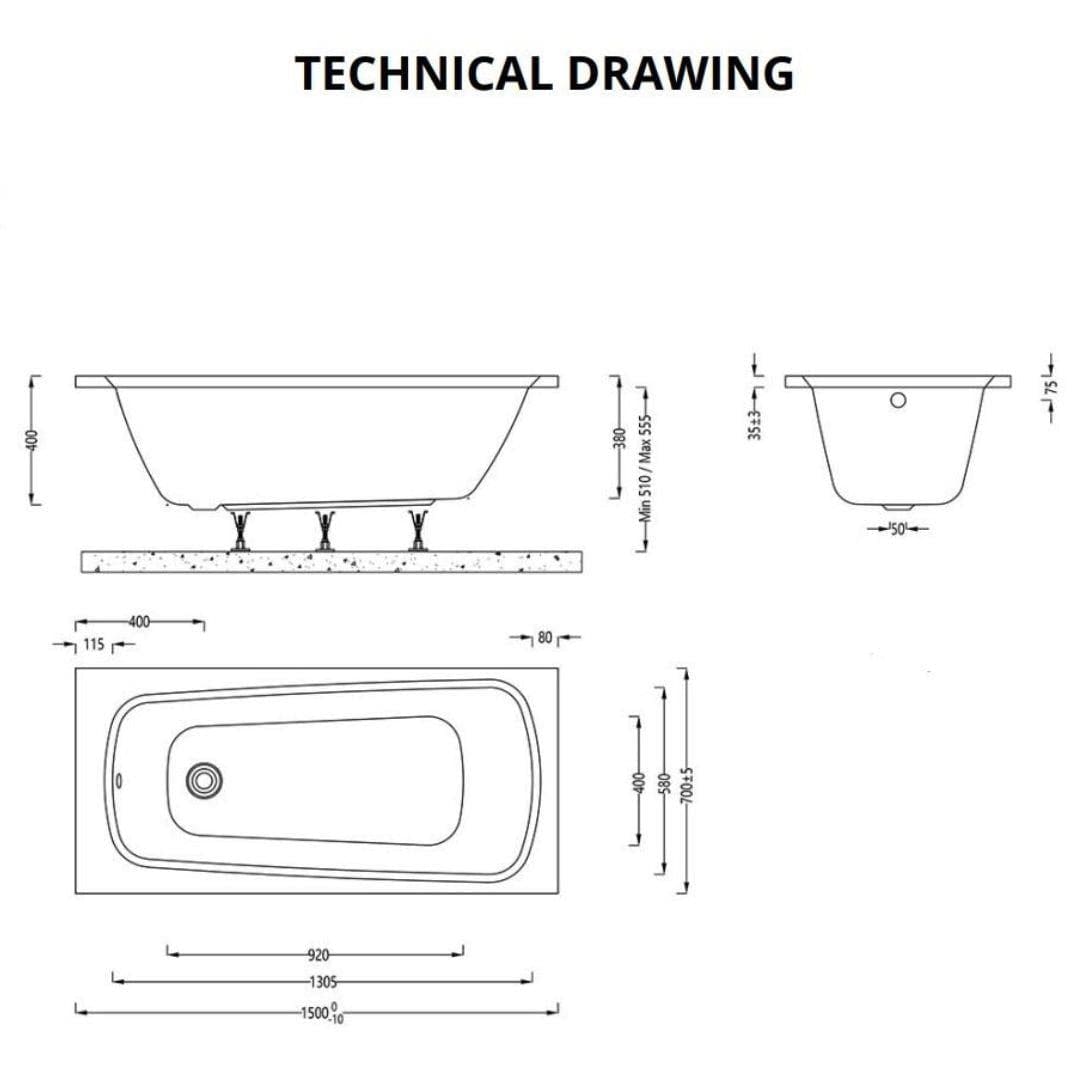 Aquarius Single Ended Bath 1500 x 700 Aquarius Agar Single Ended Reinforced Bath
