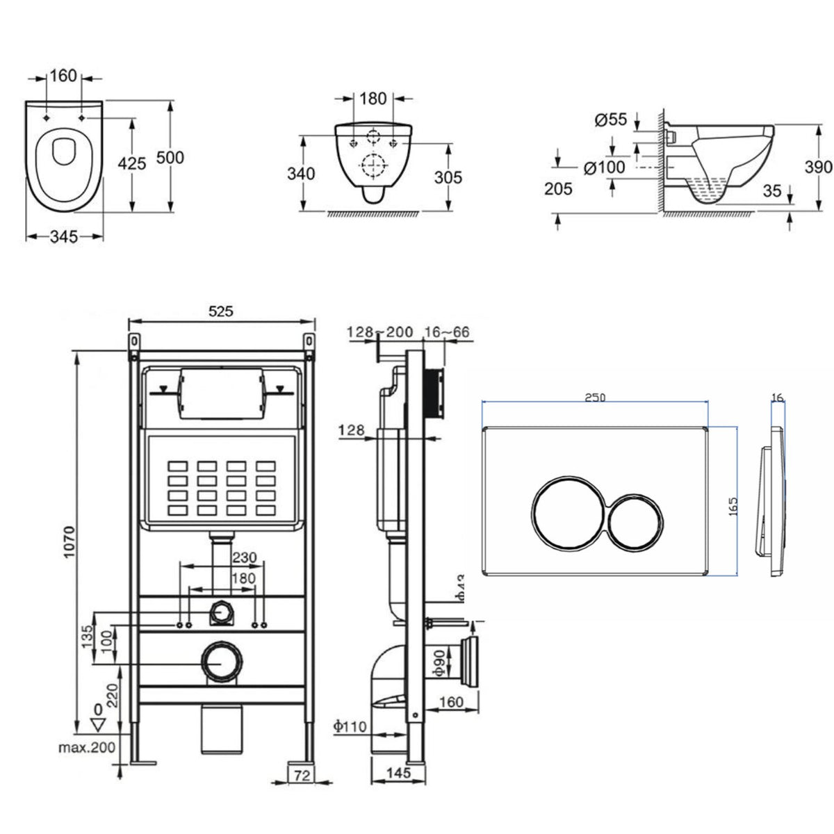 Imex Ivo Rimless Wall hung Toilet Pack with Frame, Flush Plate, and Soft Closing Seat
