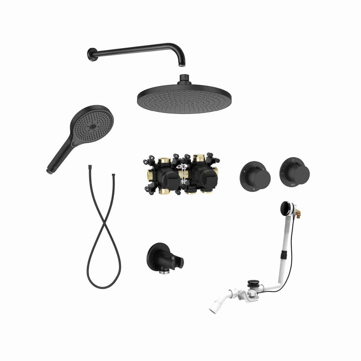 Roca Concealed Shower Set Matt Black Roca T-Multi Thermostatic Concealed Shower Valve with Rainshower Head, Shower Handset and Overflow Bath Filler