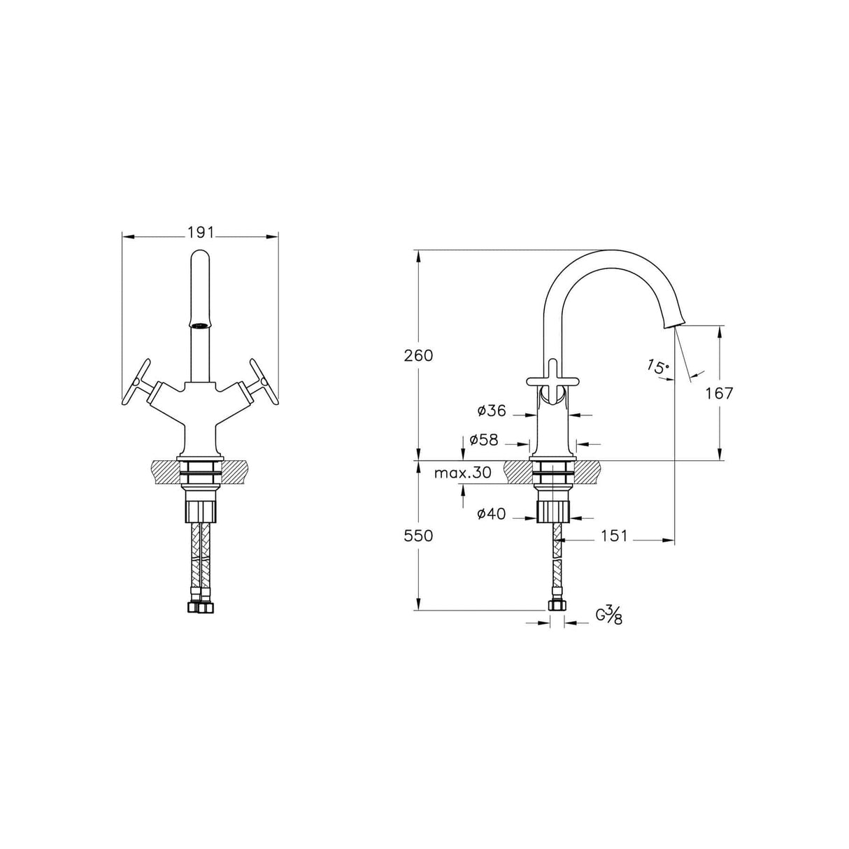 VitrA Mono Basin Tap VitrA Origin Classic Basin Mixer Tap with Cross Handles