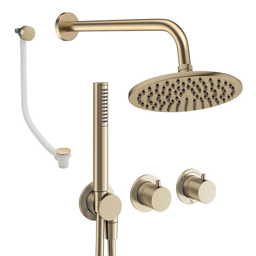 UK Bathroom Store Concealed Shower Set Brushed Brass / Wall Arm / 200mm Crosswater Module Shower Set 9 - 3 Outlet with Pencil Handset, Overhead Shower and Overflow Filler