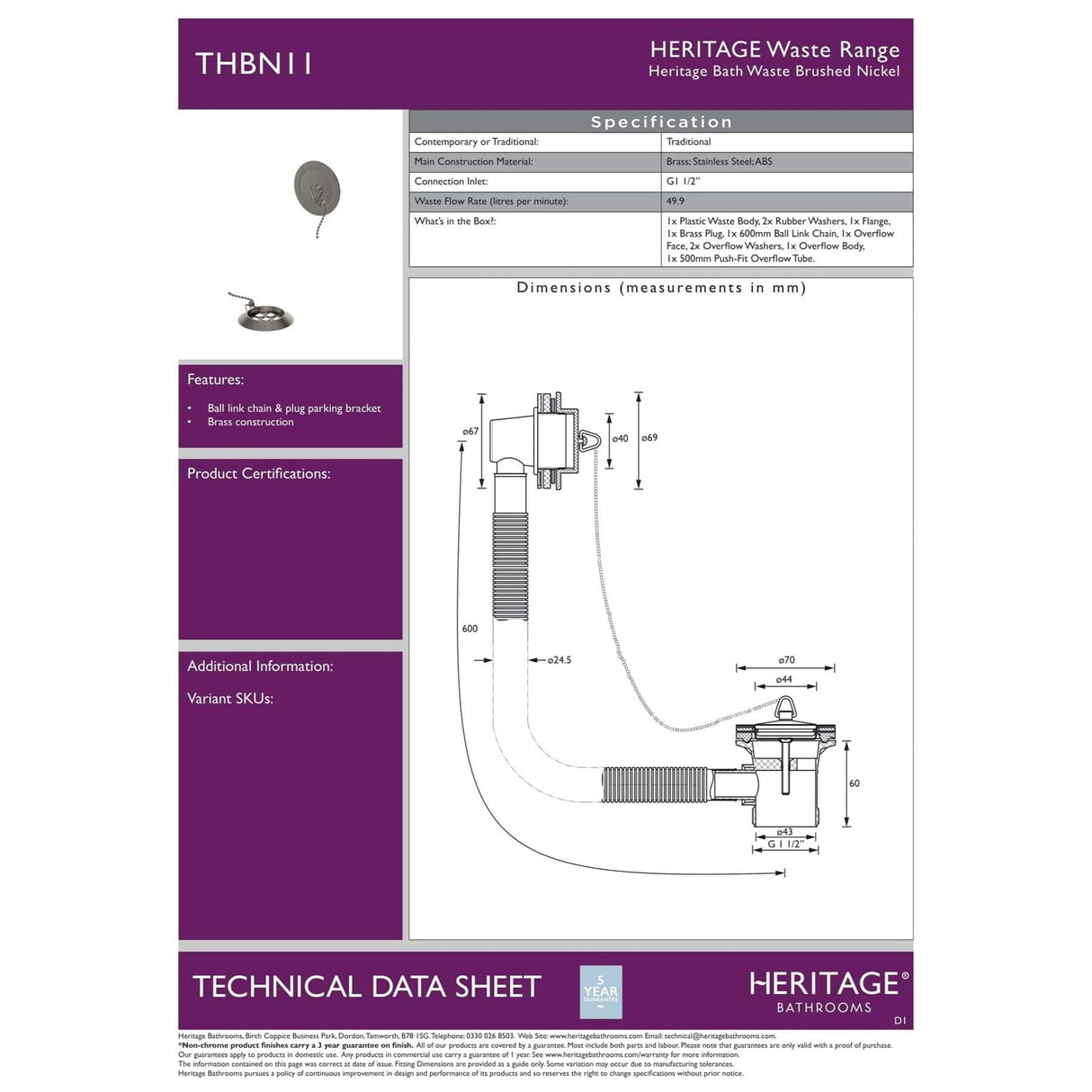 Heritage Bath Waste Heritage Bath Waste with Stowaway Plug and Chain