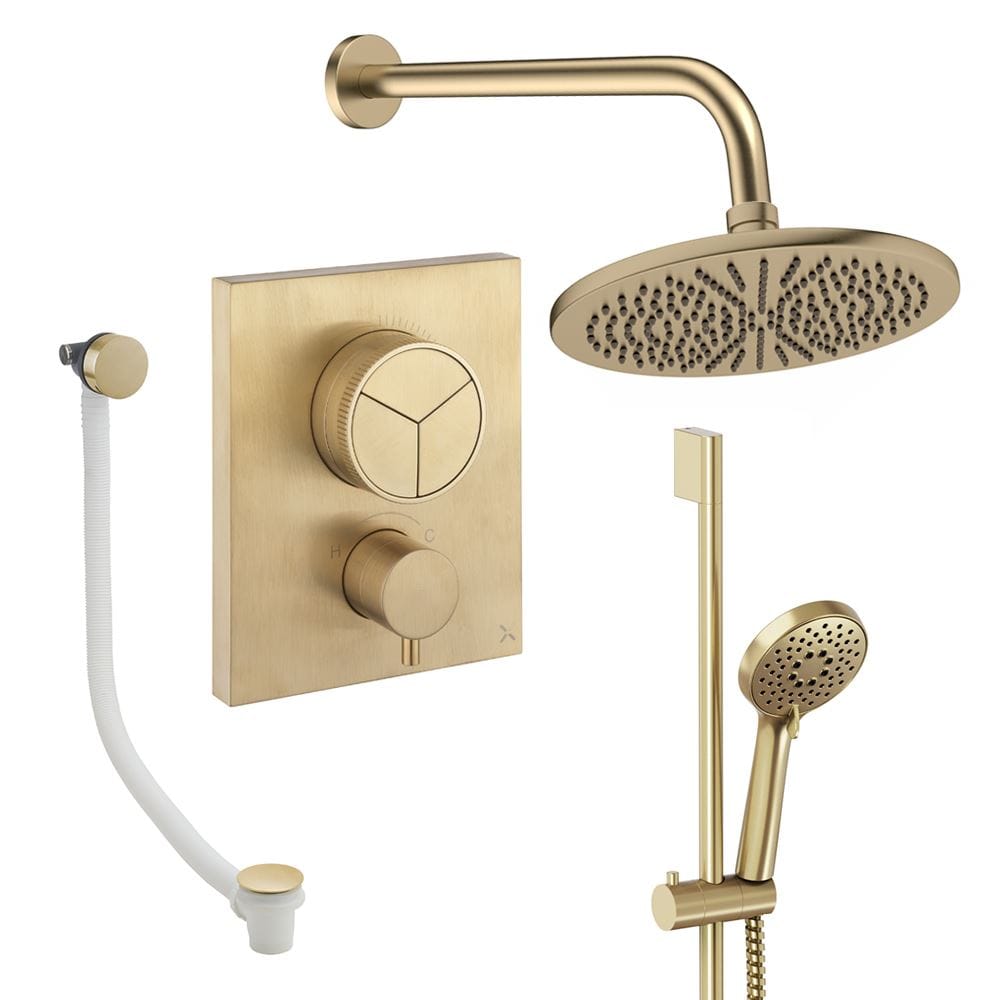 UK Bathroom Store Concealed Shower Set Brushed Brass / Wall Arm / 300mm Crosswater Crossbox Push Shower Set 8 - 3 Outlet with Fixed Overhead Shower, Slide Rail Kit and Overflow Bath Filler Waste