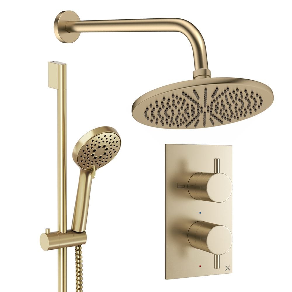Crosswater Concealed Shower Set Brushed Brass / Wall Arm / 300mm Crosswater Design 2 Handle 2 Outlet Shower Set 4 with Rainfall Head and Slide Rail Kit