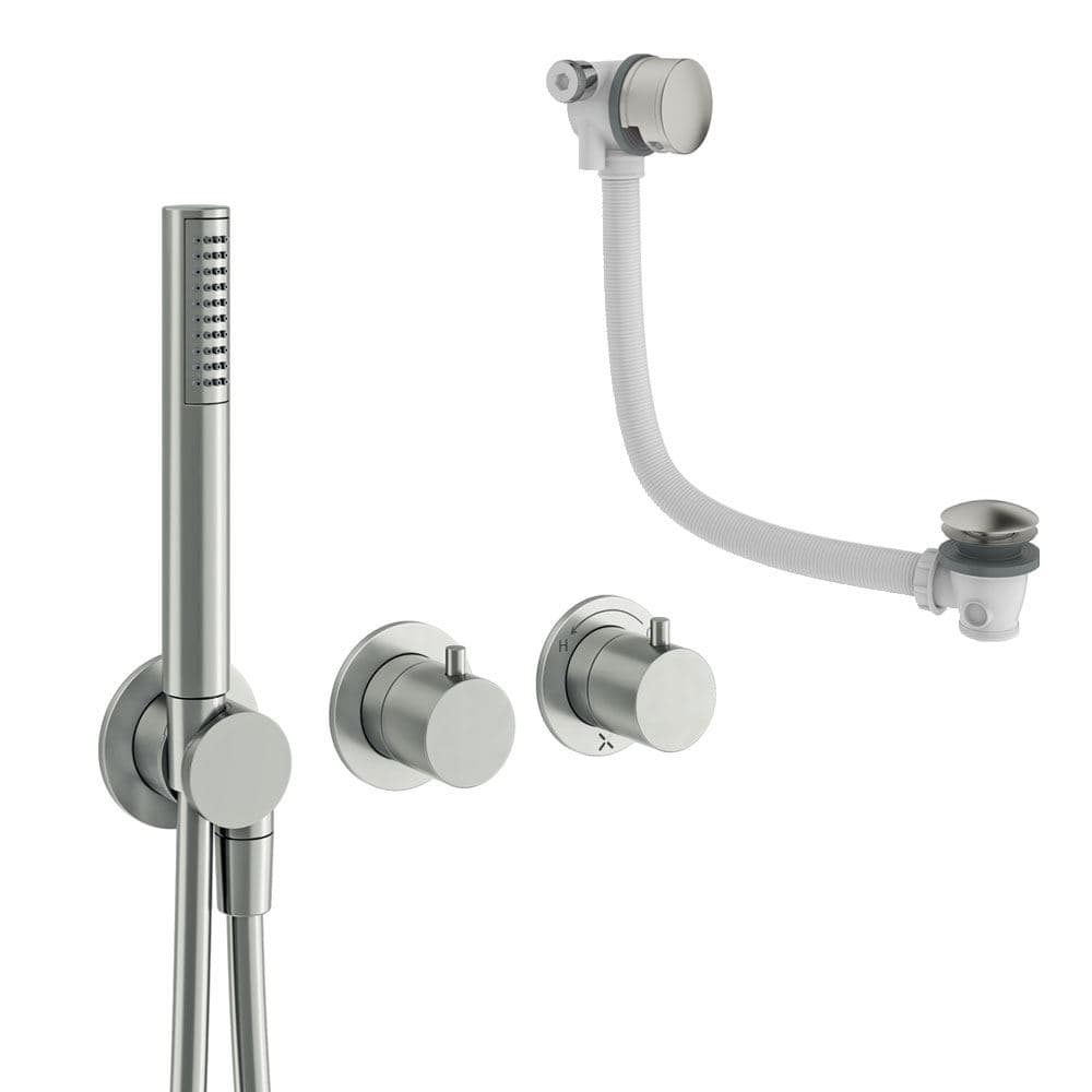 UK Bathroom Store Concealed Shower Set Brushed Nickel Crosswater Module Shower Set 5 with Pencil Handset and Overflow Bath Filler