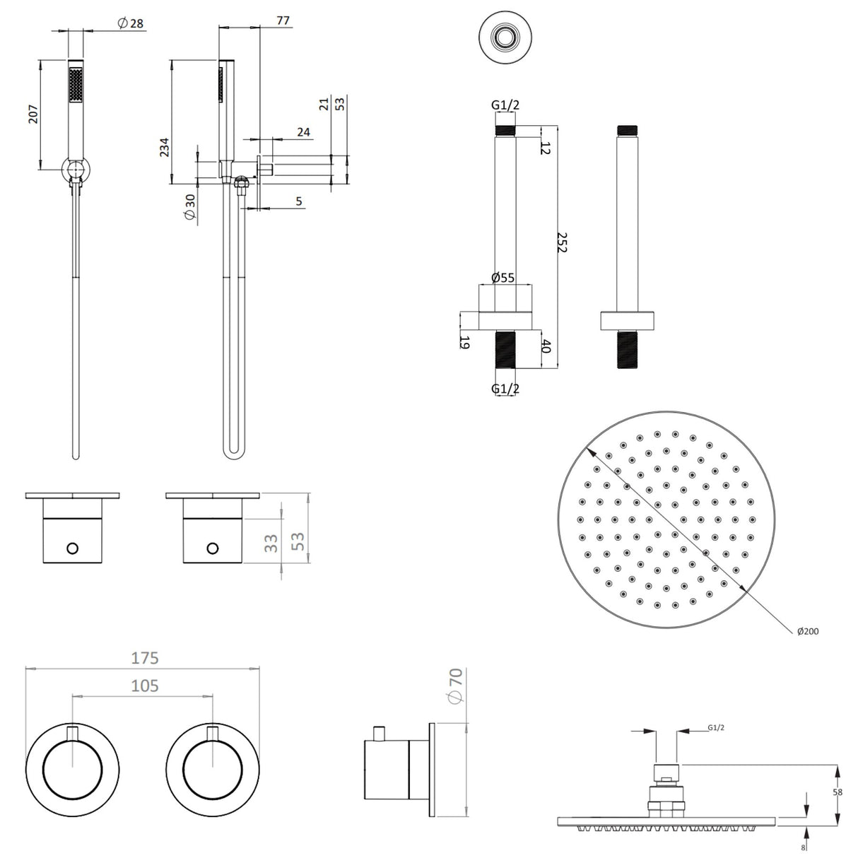 UK Bathroom Store Concealed Shower Set Crosswater Module Shower Set 1 with Fixed Head and Pencil Handset