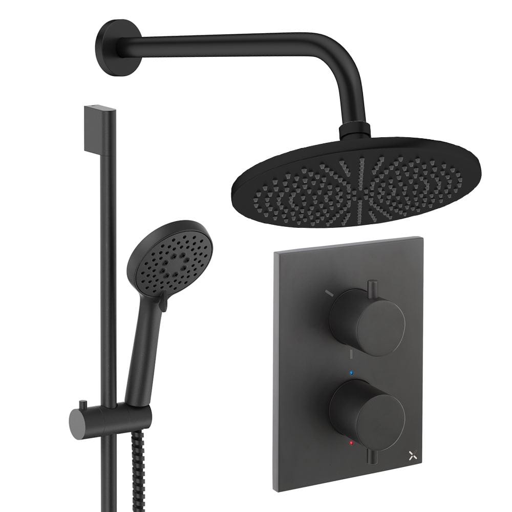 UK Bathroom Store Concealed Shower Set Matt Black / Wall Arm / 300mm Crosswater Crossbox Shower Set 4 - 2 Outlet with Riser Rail Kit and Fixed Overhead Showerhead