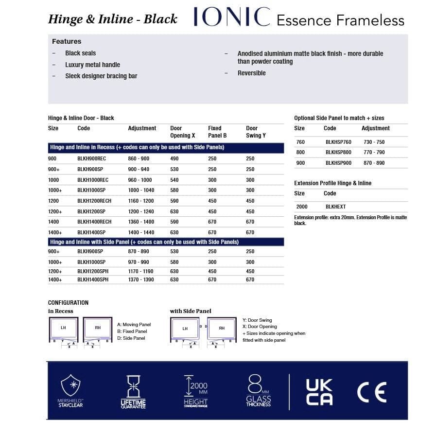Merlyn Ionic Essence Frameless Hinged Shower Door and Inline Panel