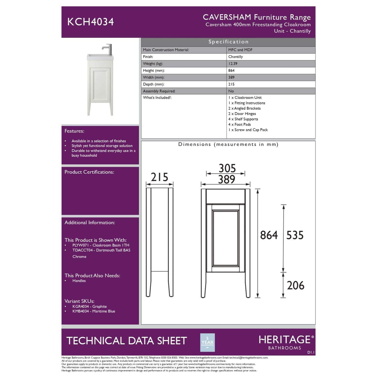 Heritage Cloakroom Vanity Unit Heritage Caversham 400mm Floor Standing Cloakroom Unit with 1 Tap Hole Basin