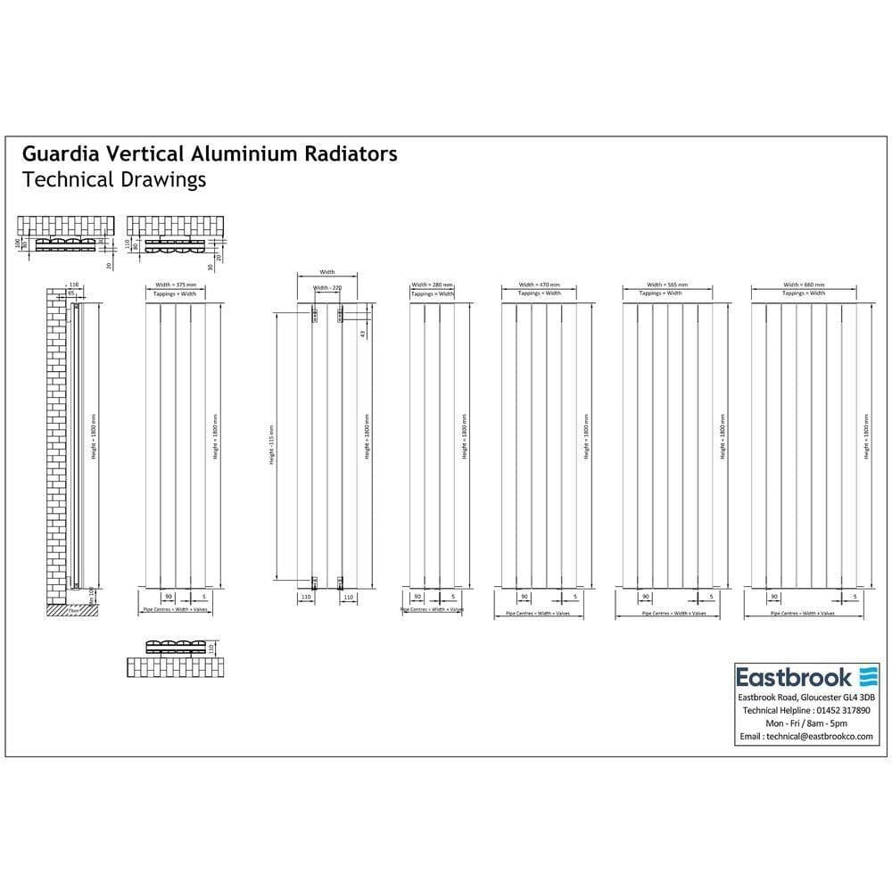 Eastbrook Panel Radiator Eastbrook Guardia Straight Vertical Aluminium Radiator in Matt Black