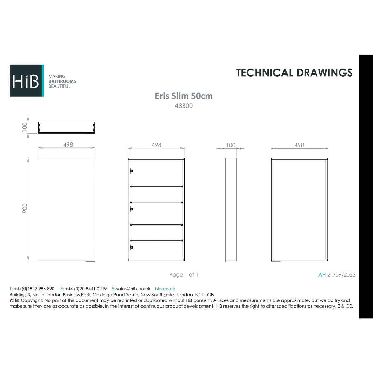 HiB Mirrored Cabinet 500 x 900mm HiB Eris Slim Mirrored Cabinet