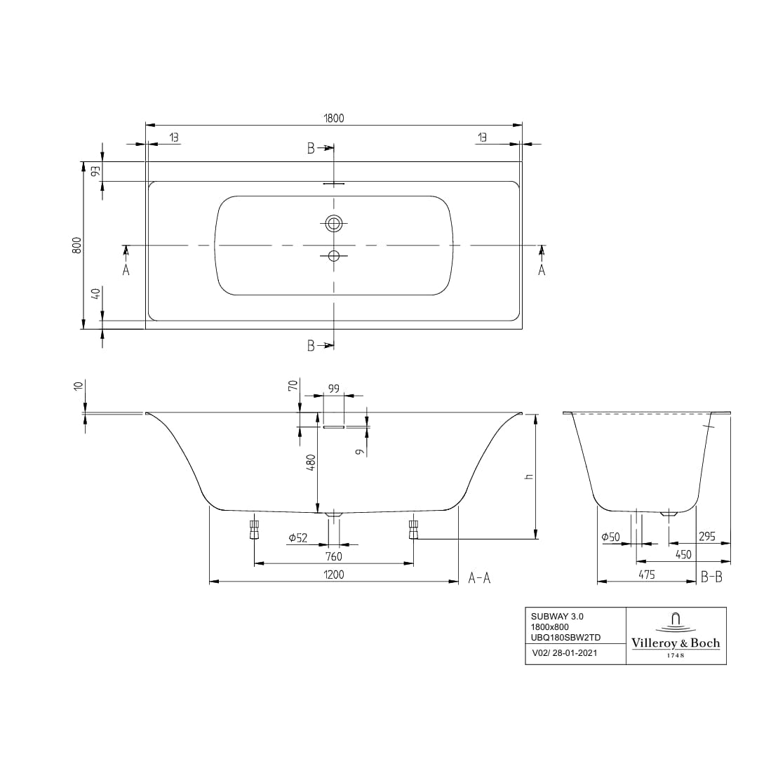 Villeroy & Boch Double Ended Bath Villeroy & Boch Subway 3.0 Double Ended Quaryl Bath with SilentFlow