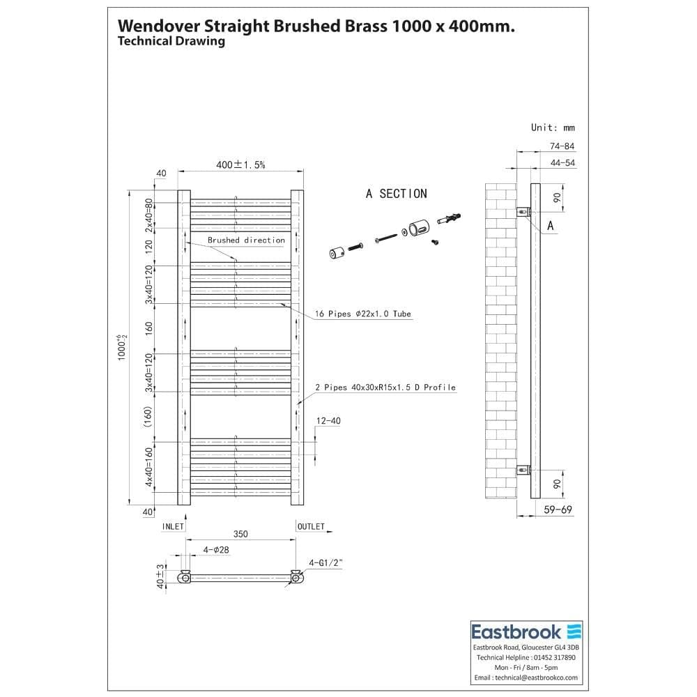 Eastbrook Ladder Rail Eastbrook Wendover Straight Heated Towel Rail in Brushed Brass