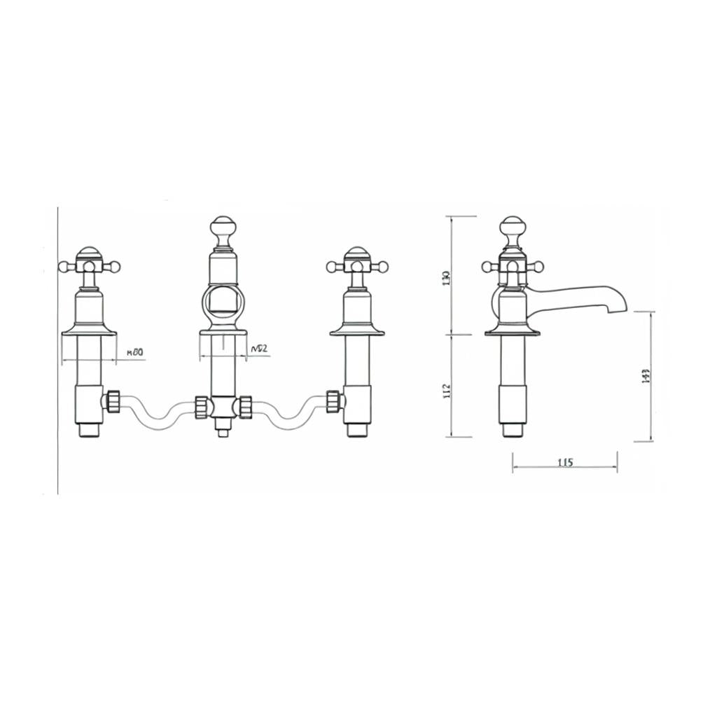 Crosswater Belgravia 3 Hole - Deck Mounted - Basin Mixer Tap with Crosshead Handle