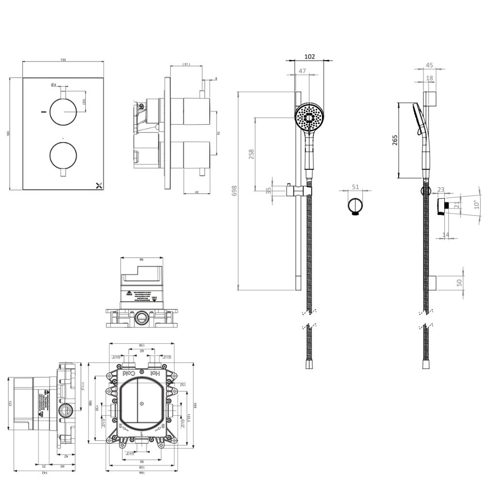 UK Bathroom Store Concealed Shower Set Crosswater Crossbox Shower Set 2 - 1 Outlet with Slide Rail Kit