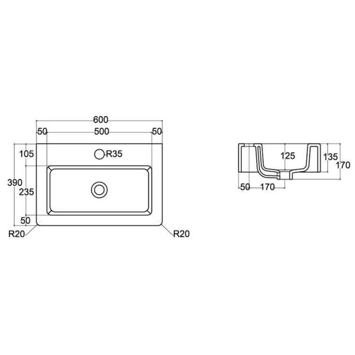 Crosswater Countertop Basin Crosswater Air 600mm Countertop or Wall Mounted Basin with 1 Tap Hole