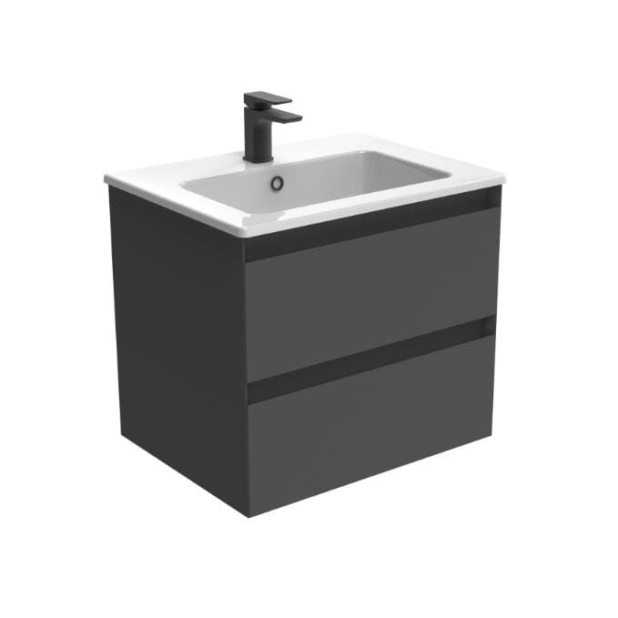 Saneux Wall Mounted Vanity Unit Matte Anthracite / 3 Hole Saneux Uni Vanity Unit With Basin - 600 x 470mm - Two Drawer - Wall Mounted