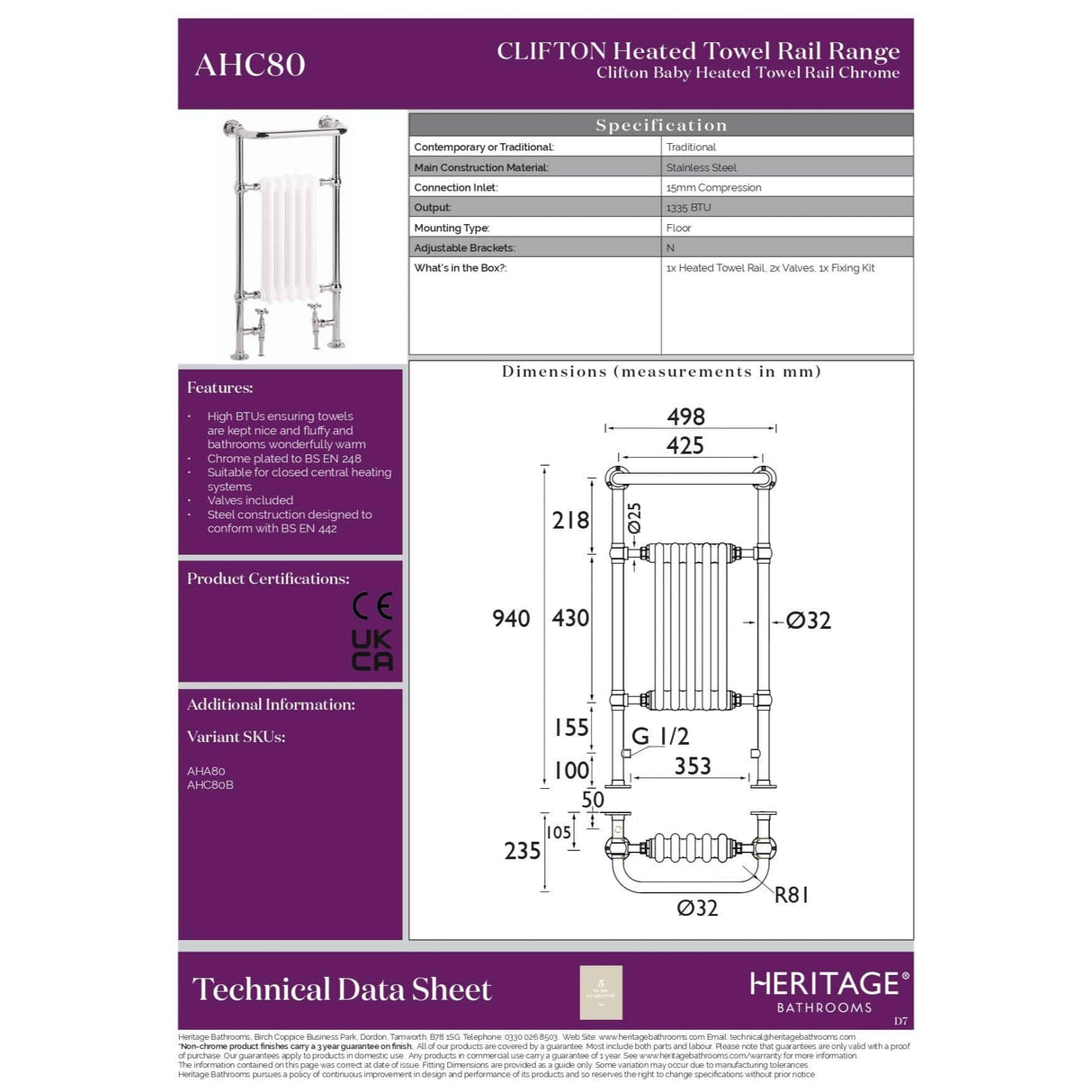 Heritage Insert Radiator Heritage Baby Clifton Traditional Floor Mounted Radiator - 940 x 498mm