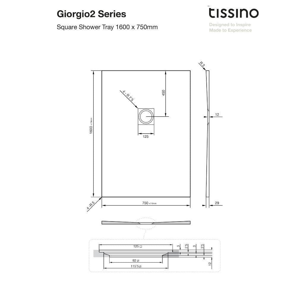 Tissino Rectangle Shower Tray 1600 x 750mm Tissino Giorgio2 Rectangle Shower Tray in White Slate
