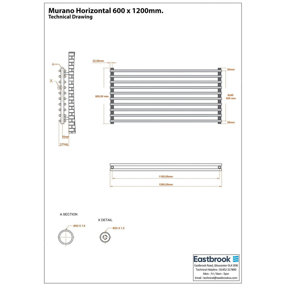 Eastbrook Designer Towel Radiator Eastbrook Murano Horizontal Designer Radiator in Gloss White